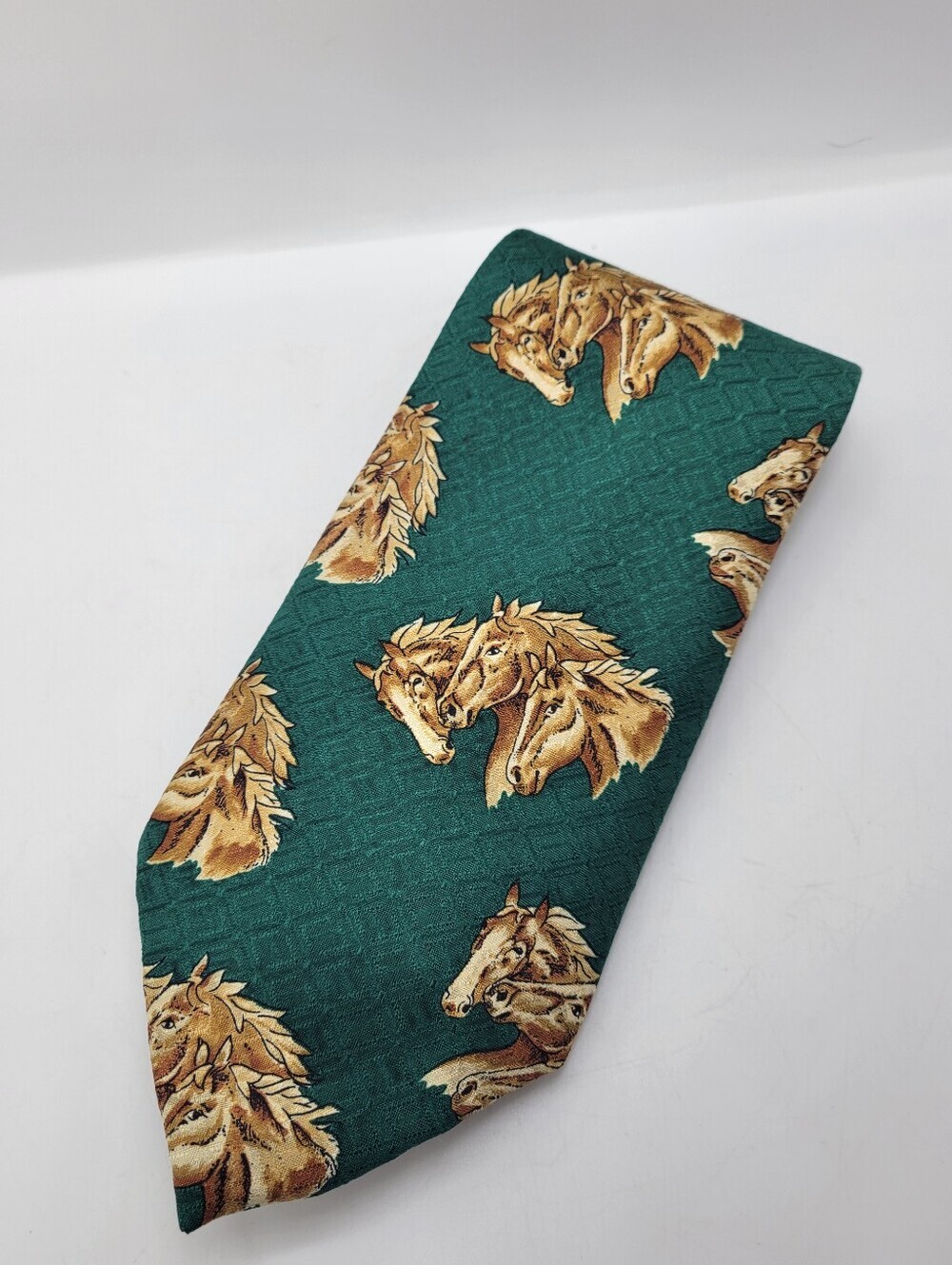 VTG RARE Chaps Ralph Lauren necktie green silk background brown horse head USA